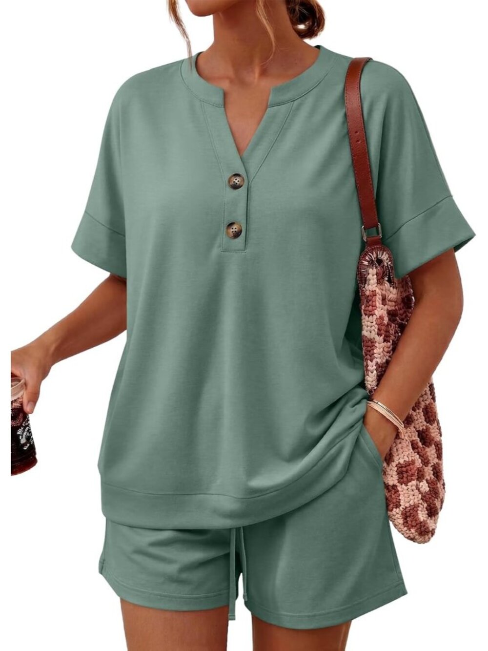 Women's Sage Green 2 Piece Lounge Sets Oversized Henley Top & Shorts Soft Rayon